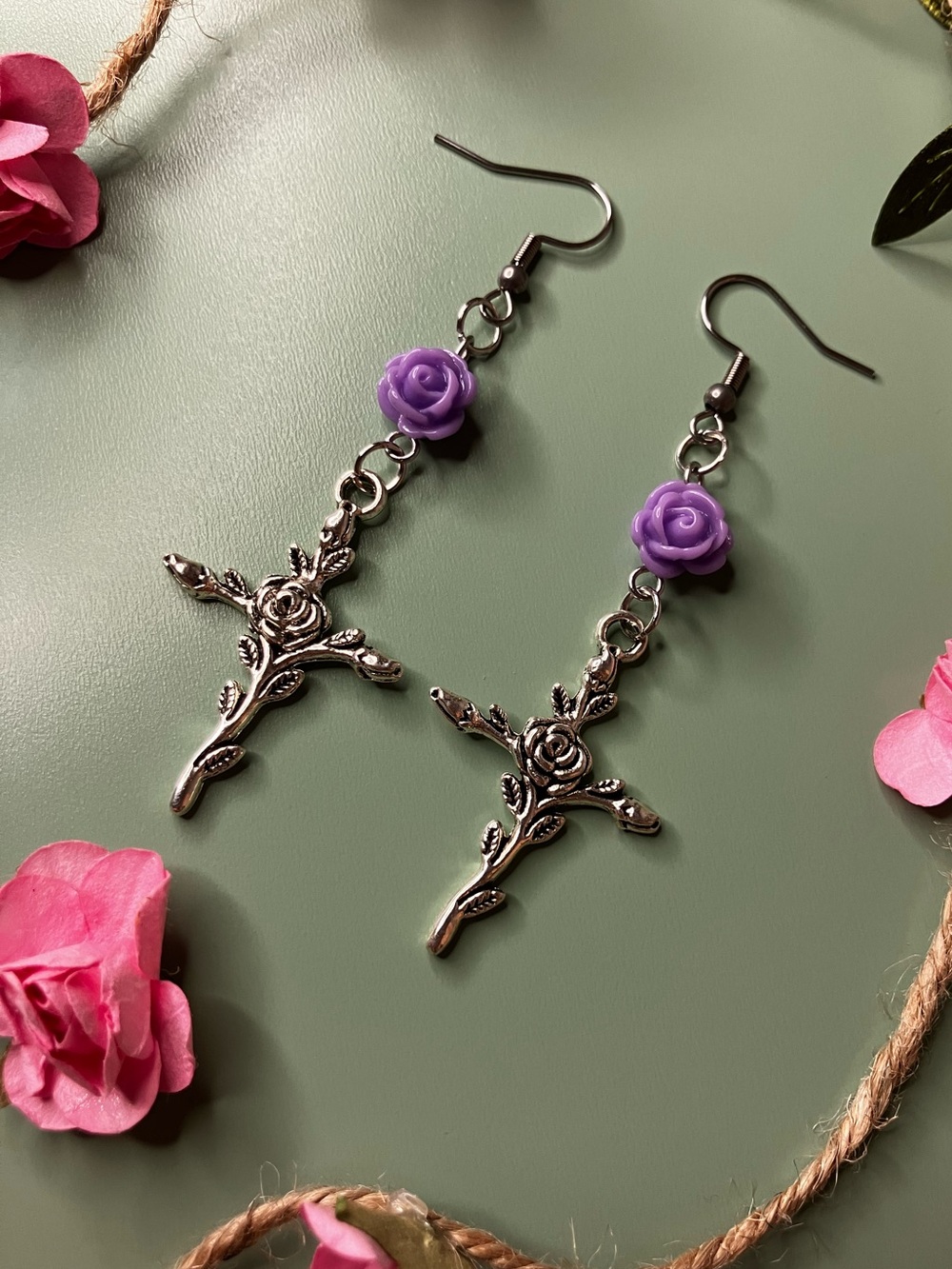 Purple Rose Cross Handmade Dangle Earrings | Women’s Jewelry
